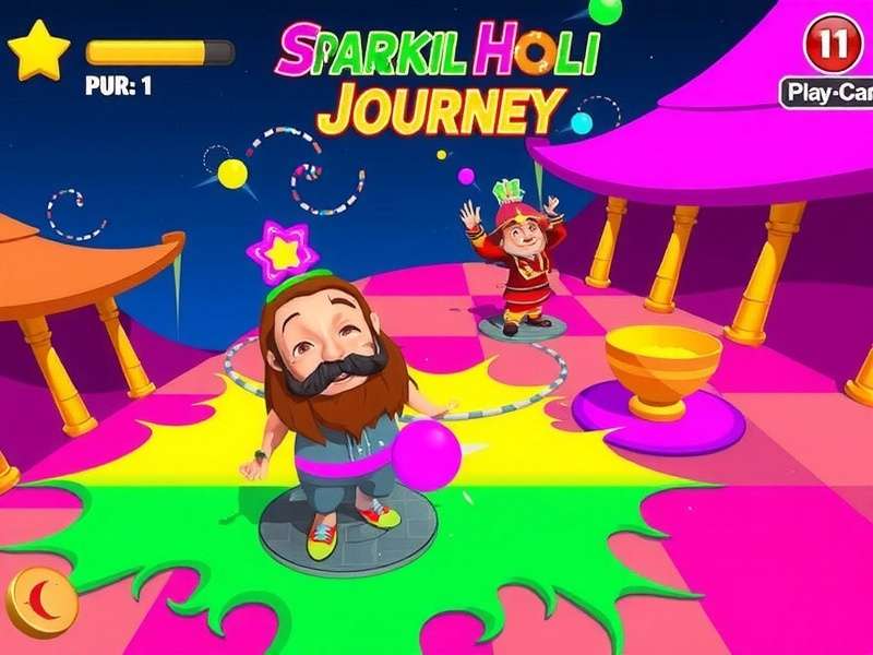 Festive gameplay in Sparkling Holi Journey Sparkling Holi Journey gameplay showing color throwing and dancing